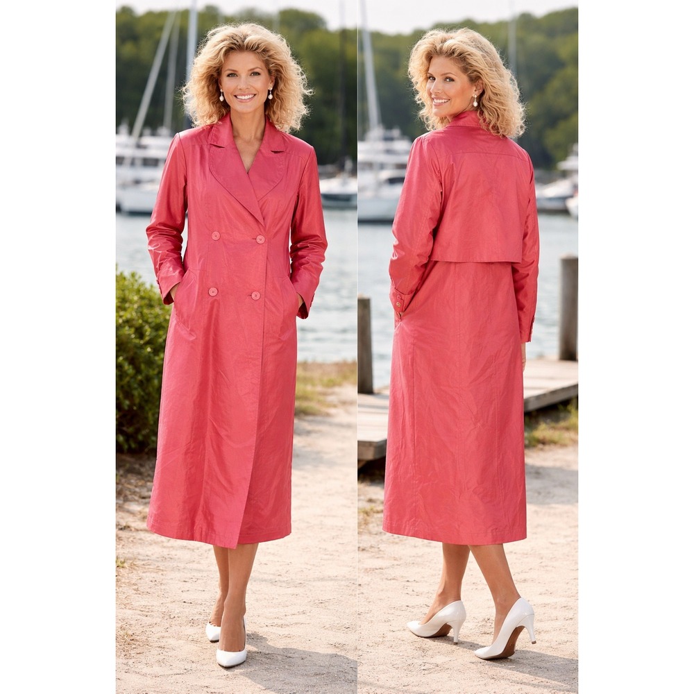 J.G. Hook 80s Vintage Coral Pink Double Breasted‎ Long Trench Rain Coat Size 8